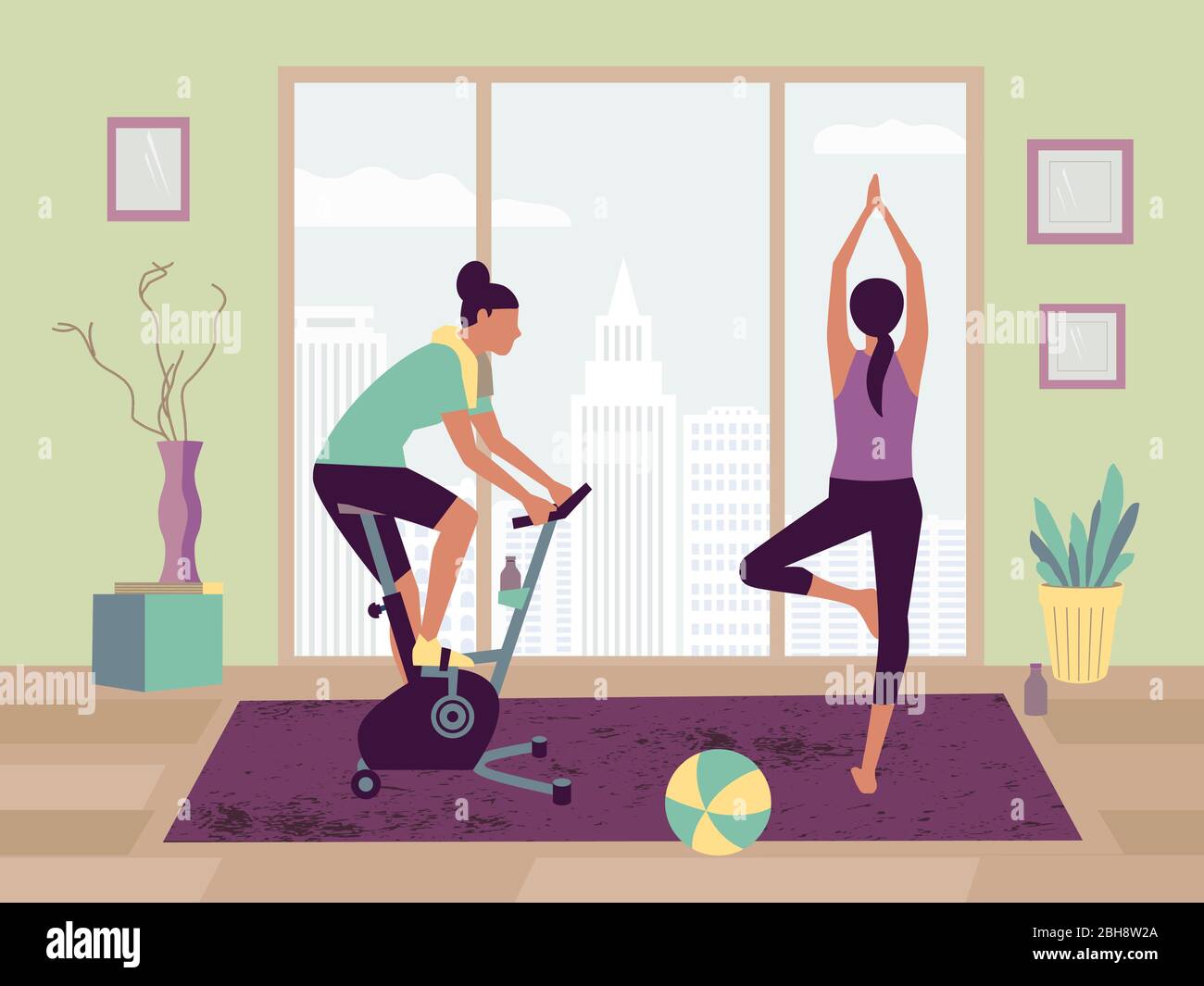 Females sport activity at home flat vector. Stay home yoga practice bicycle riding cartoon. Breathing exercise workout background. Healthy lifestyle Stock Vector