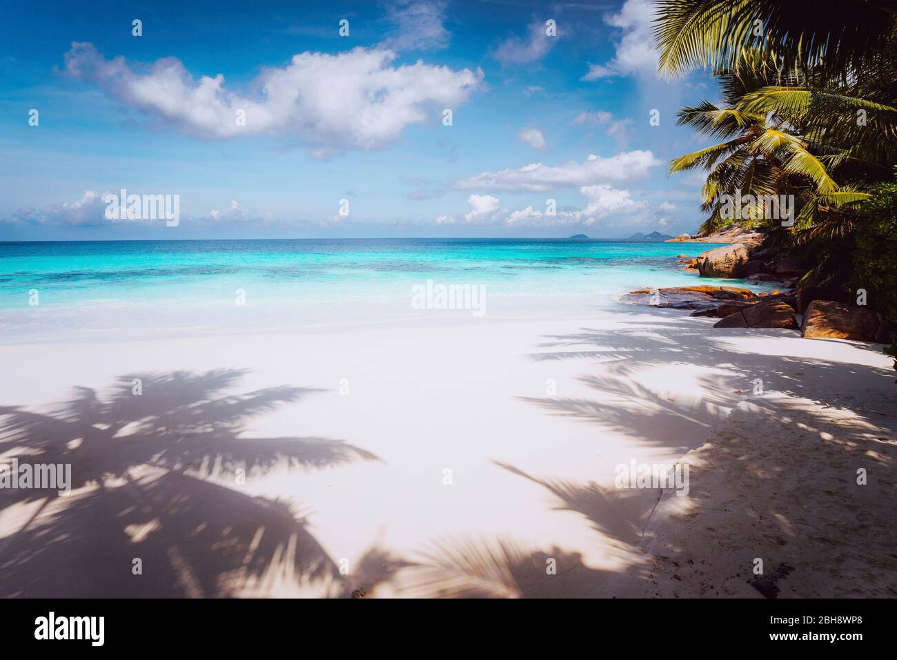 Idyllic perfect tropical dream beach. Powdery white sand, crystal-clear water, summertime vacation Seychelles. Stock Photo