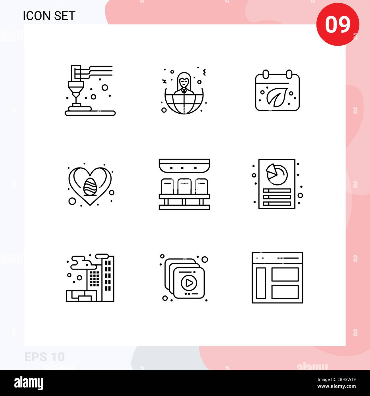Modern Set of 9 Outlines Pictograph of train, love, earth, heart, easter Editable Vector Design Elements Stock Vector