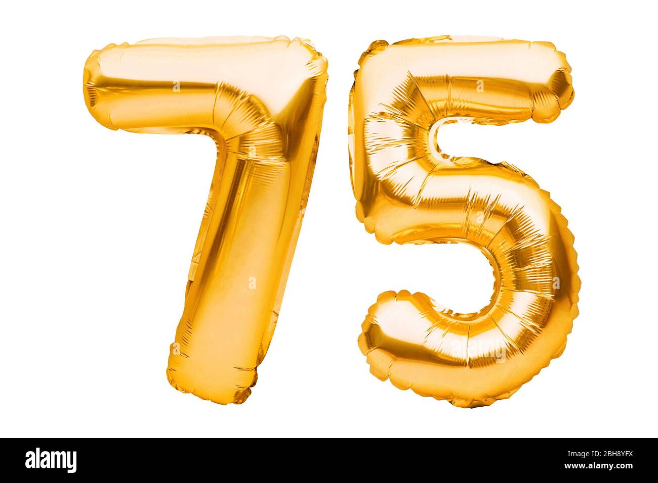 Number 75 seventy five made of golden inflatable balloons isolated on  white. Helium balloons, gold foil numbers. Party decoration, anniversary  sign Stock Photo - Alamy