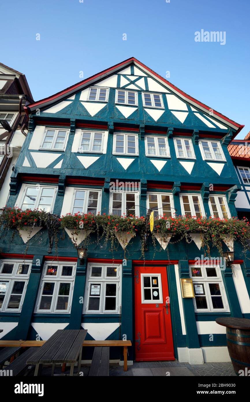 Deutschland, Niedersachsen, Wolfenbüttel, Altstadt, grünes half-timbered house mit roter Haustür Stock Photo