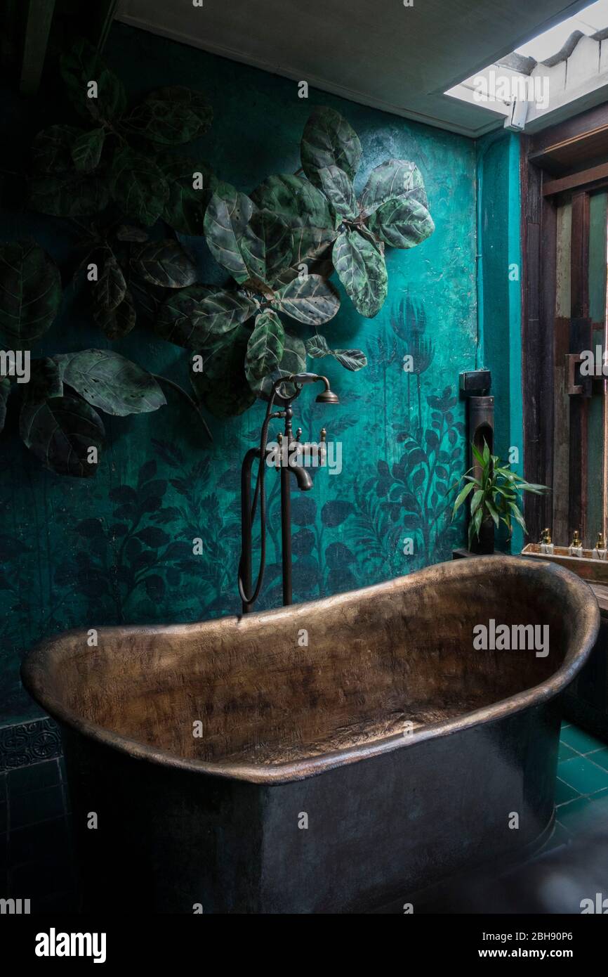 Green Room of the Loy La Long Hotel with a view of the bathroom Stock Photo