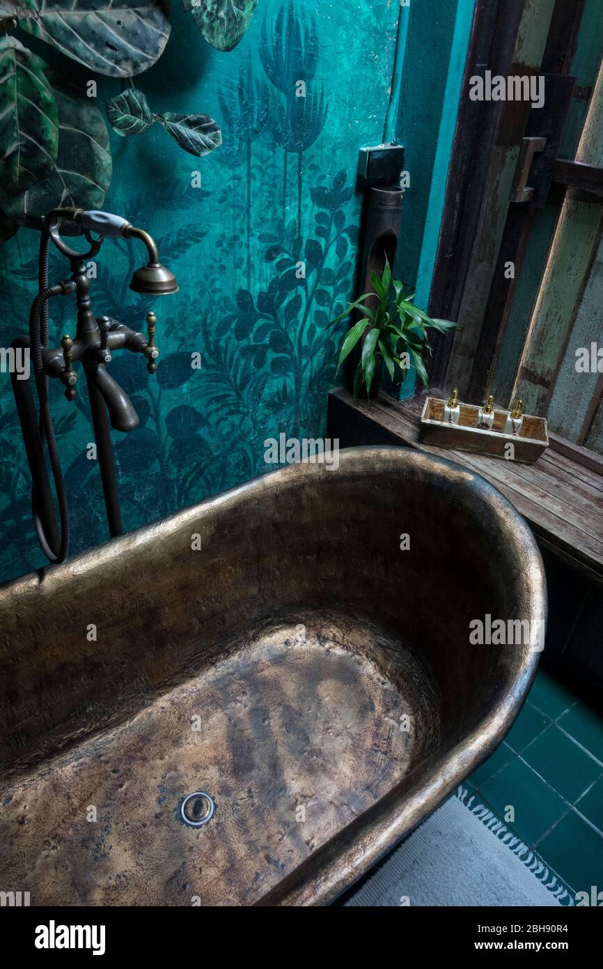 Green Room of the Loy La Long Hotel with a view of the bathroom Stock Photo