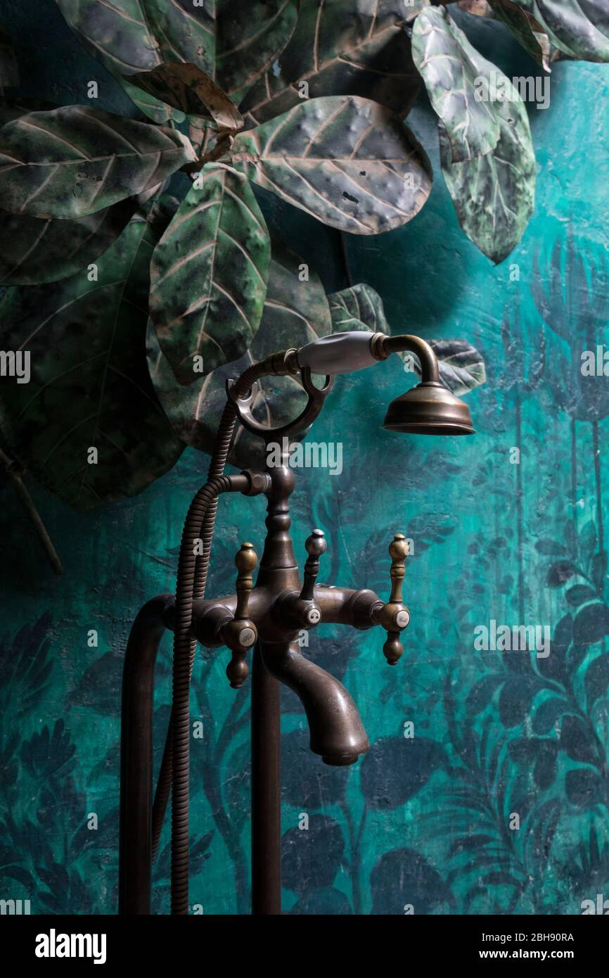 Green Room of the Loy La Long Hotel with a view of the bathroom Stock Photo