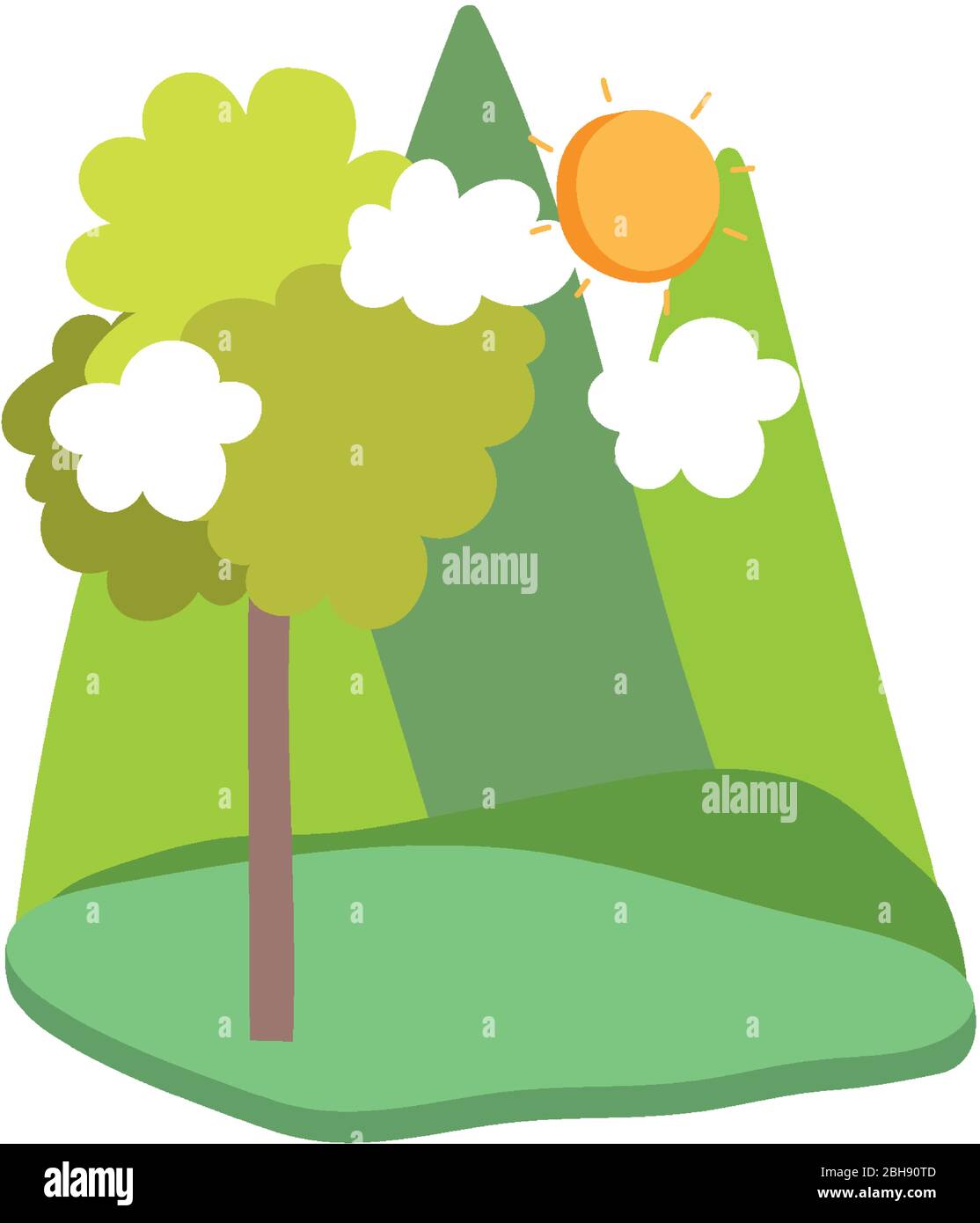 landscape trees bush grass mountains sky isolated icon white background ...