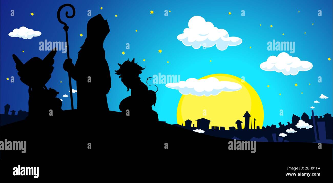 Saint Nicholas, Devil and Angel Silhouette Banner Townscape Vector Illustration Stock Vector
