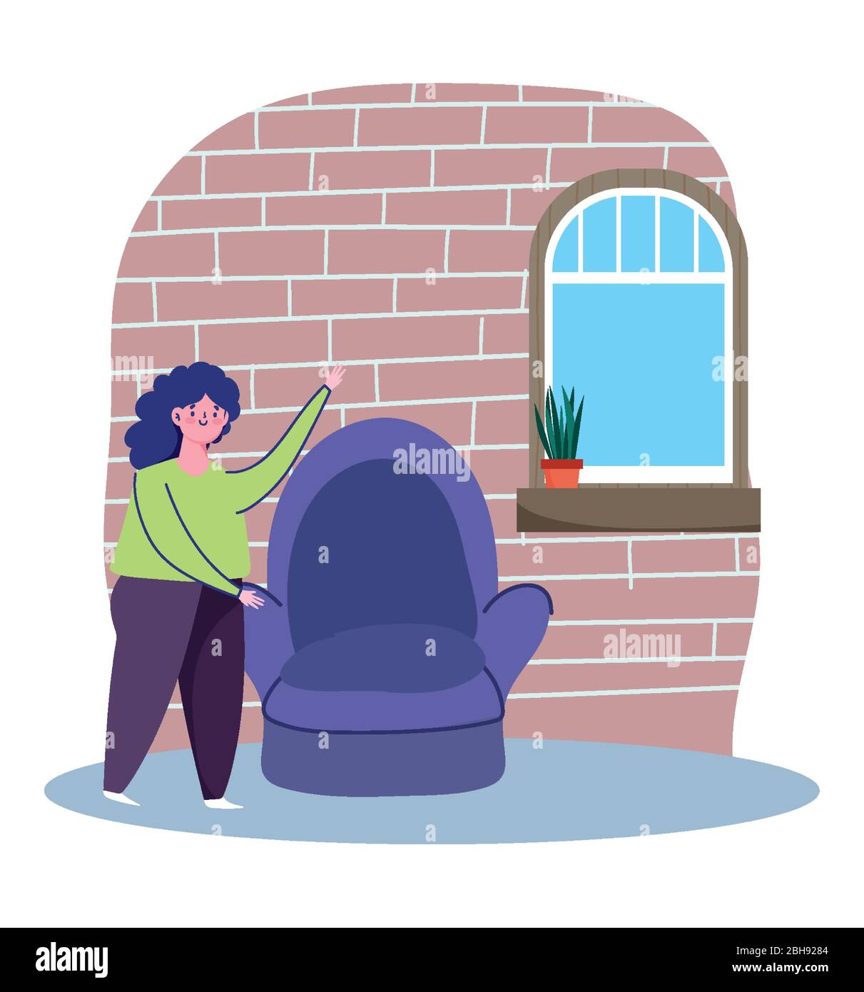 woman with chair in room, quarantine stay at home vector illustration ...