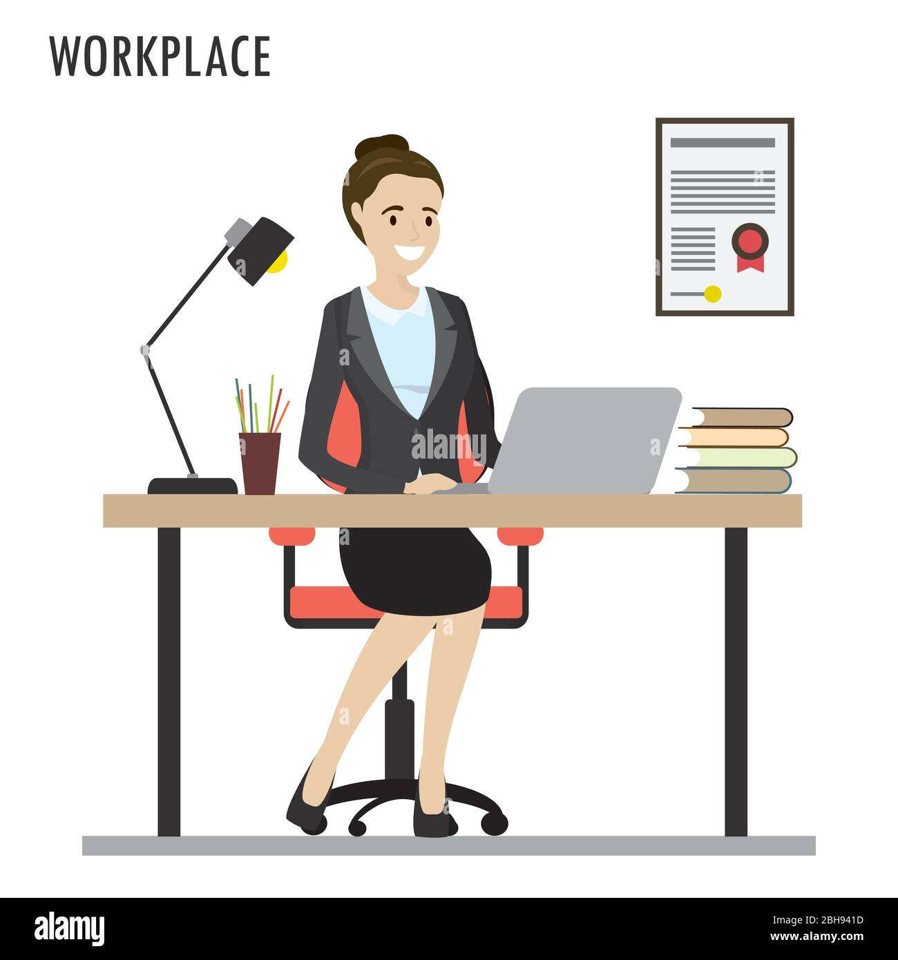 Work Desk,Caucasian Business woman in the workplace, Flat Design