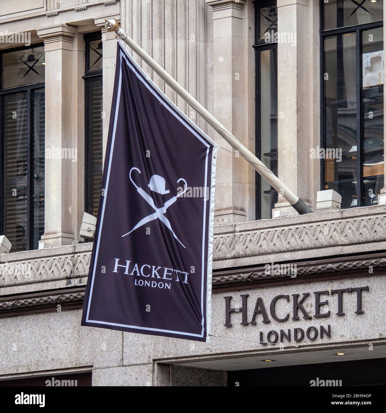LONDON, UK :  Banner Flag Sign outside Hackett mens fashion shop  in Oxford Street Stock Photo