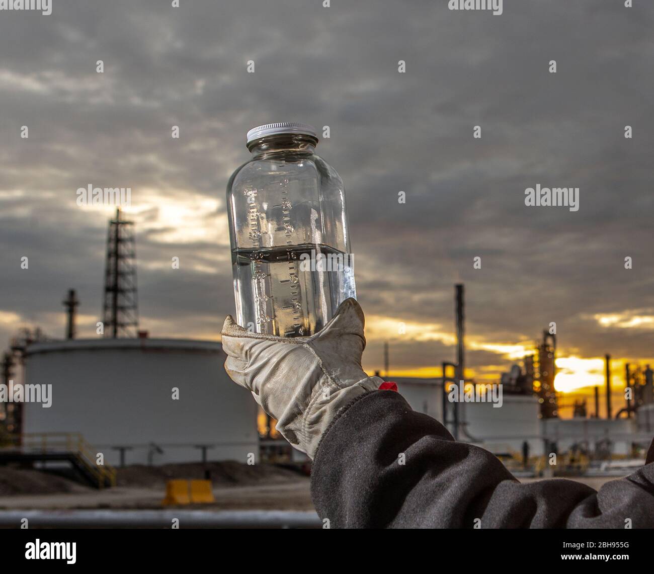 Chemical sample taken at refinery Stock Photo