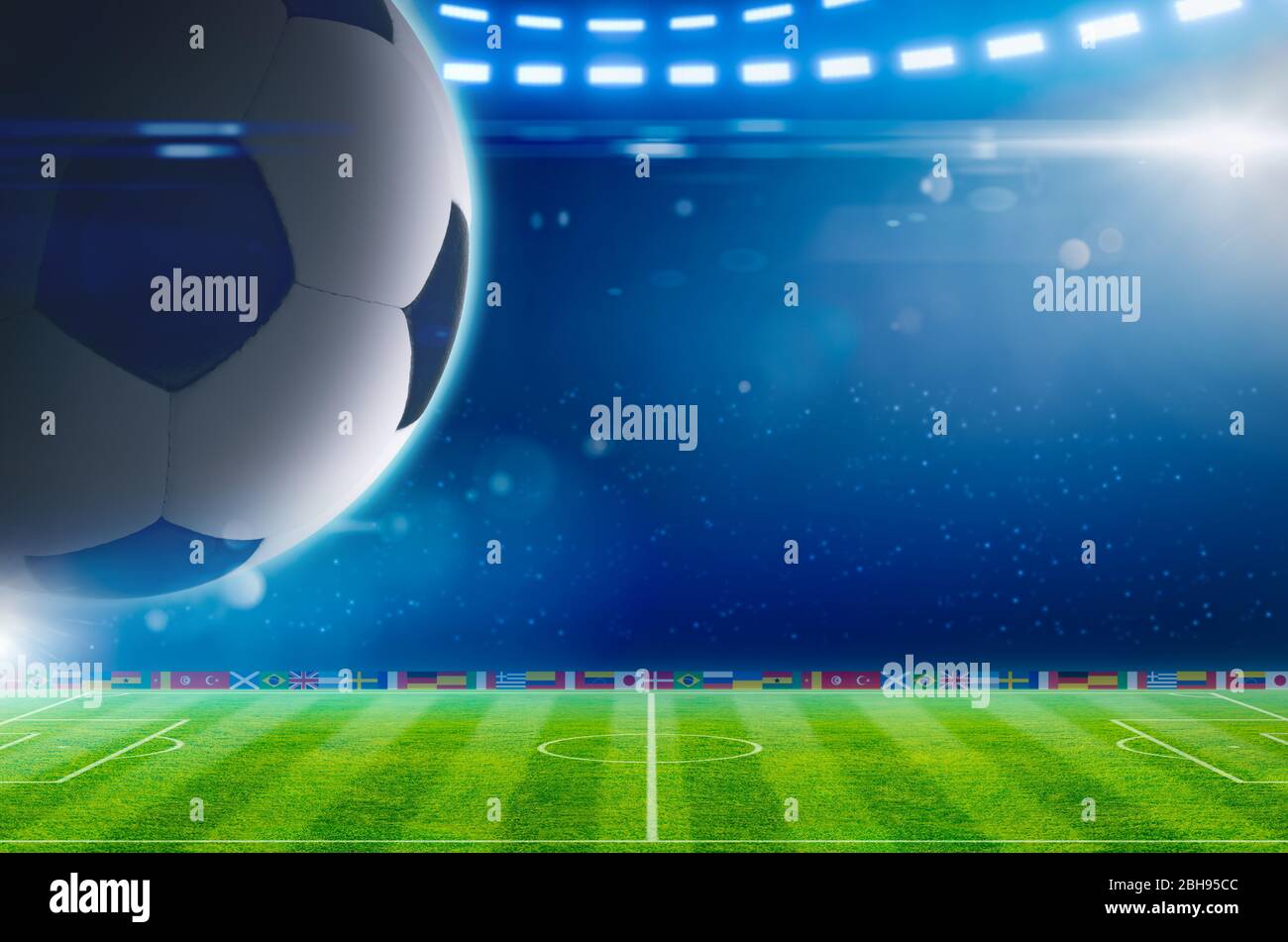 Abstract soccer background big soccer ball above green stadium with bright spotlights, main