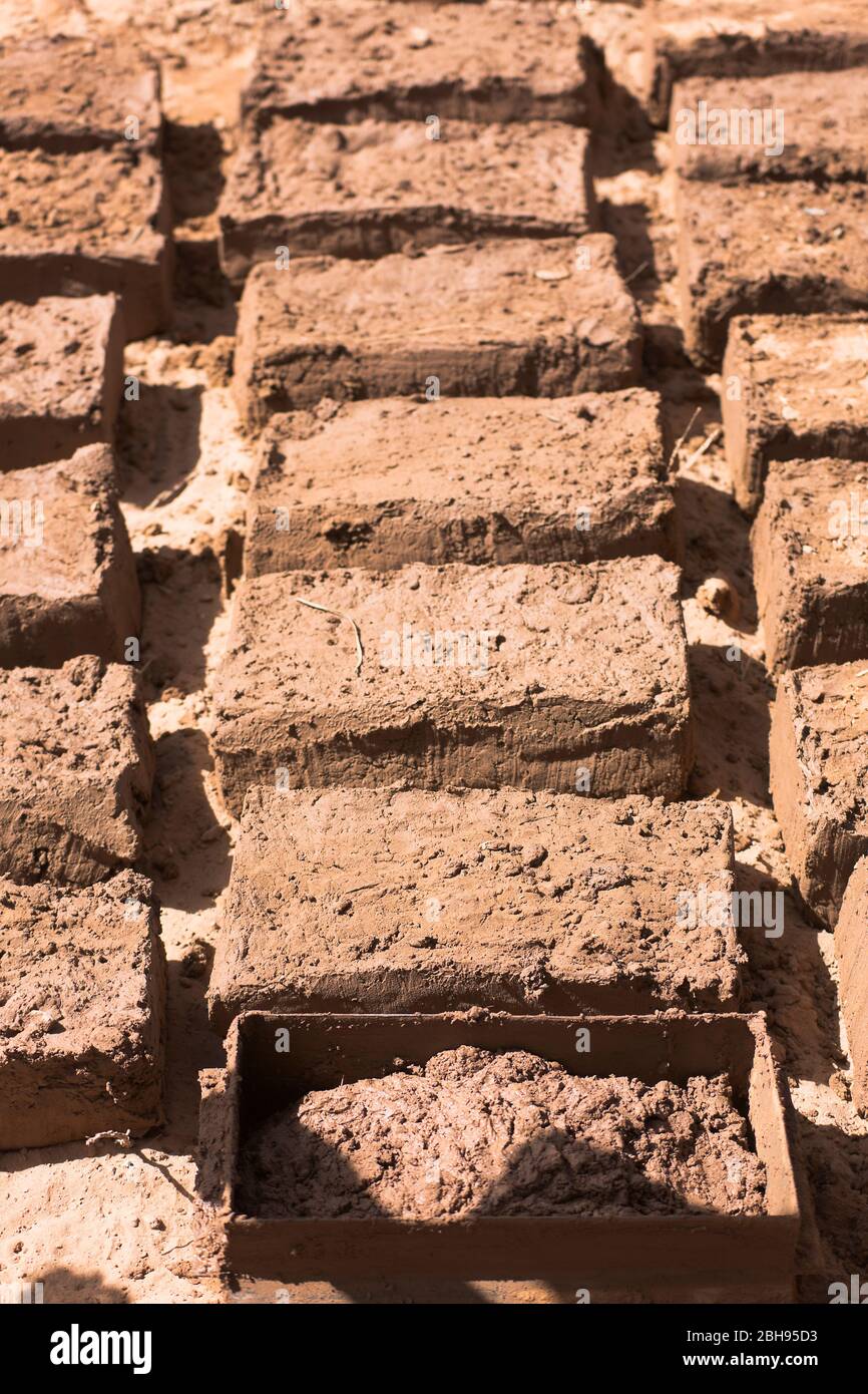 Adobe bricks for bio-construction in the M'Hamid Stock Photo