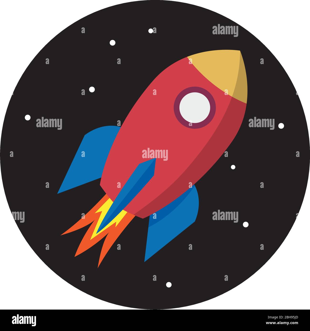 Vector sign, abstract takeoff rocket on black circle Stock Vector