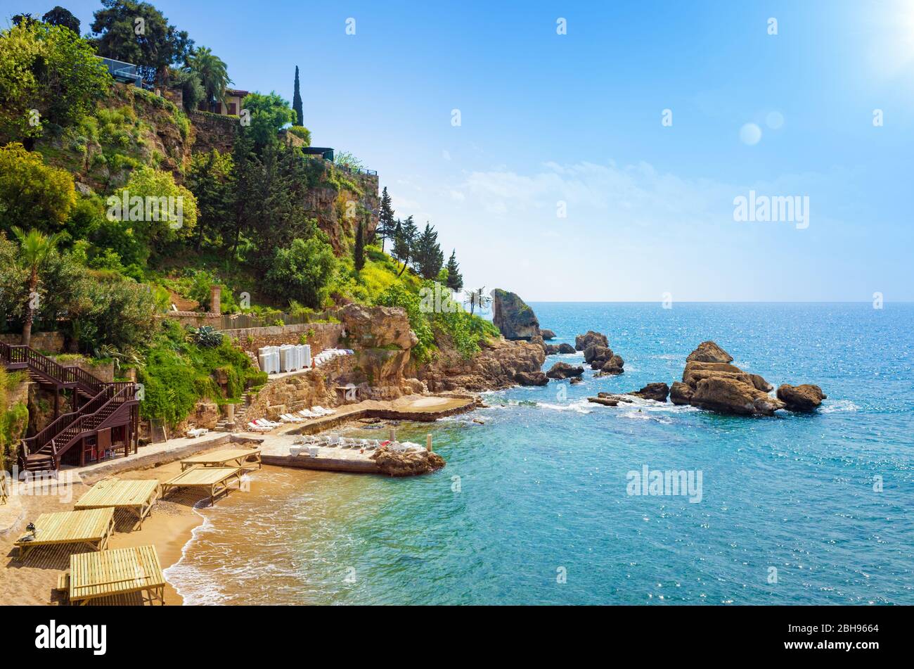 Mermerli beach with clear blue water in old town Kaleici district in popular seaside resort city Antalya, Turkey Stock Photo