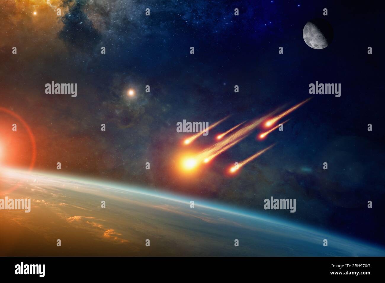 Asteroid impact, end of world, judgment day. Group of burning exploding ...