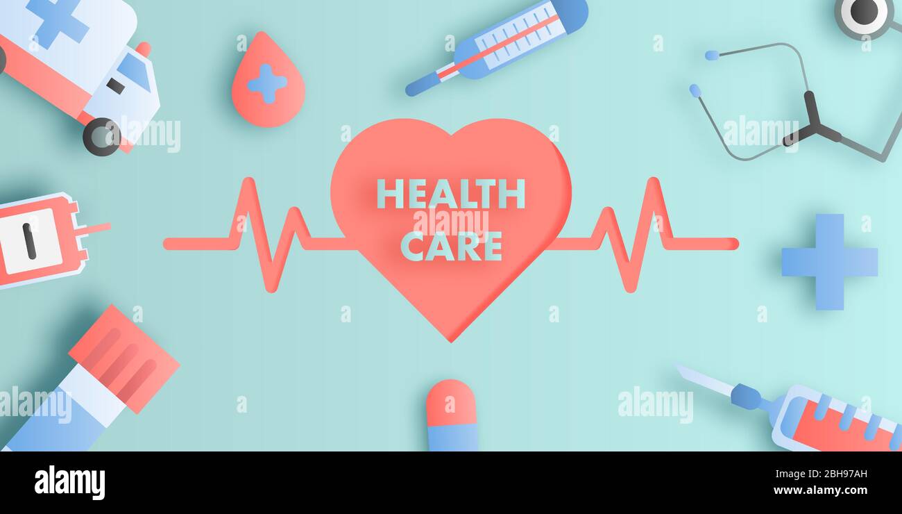 Paper art style of health care and medical elements with heart and electrocardiogram in the center. Stock Vector