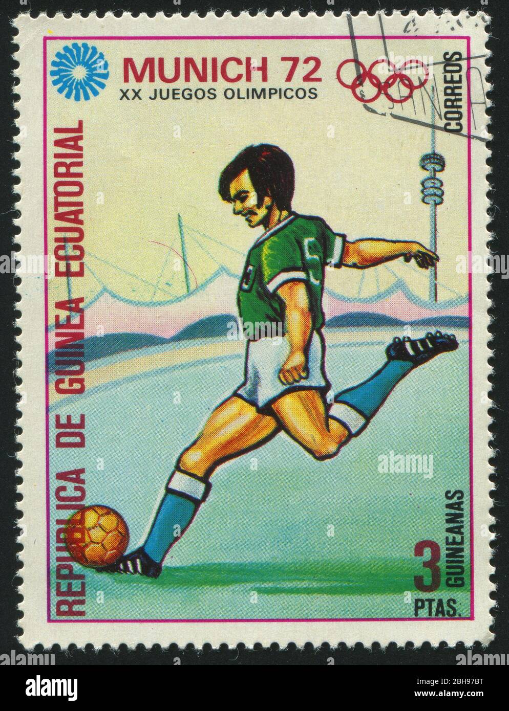 GUINEA - CIRCA 1972:   stamp printed by Equatorial Guinea,  shows Soccer players and ball, circa 1972. Stock Photo