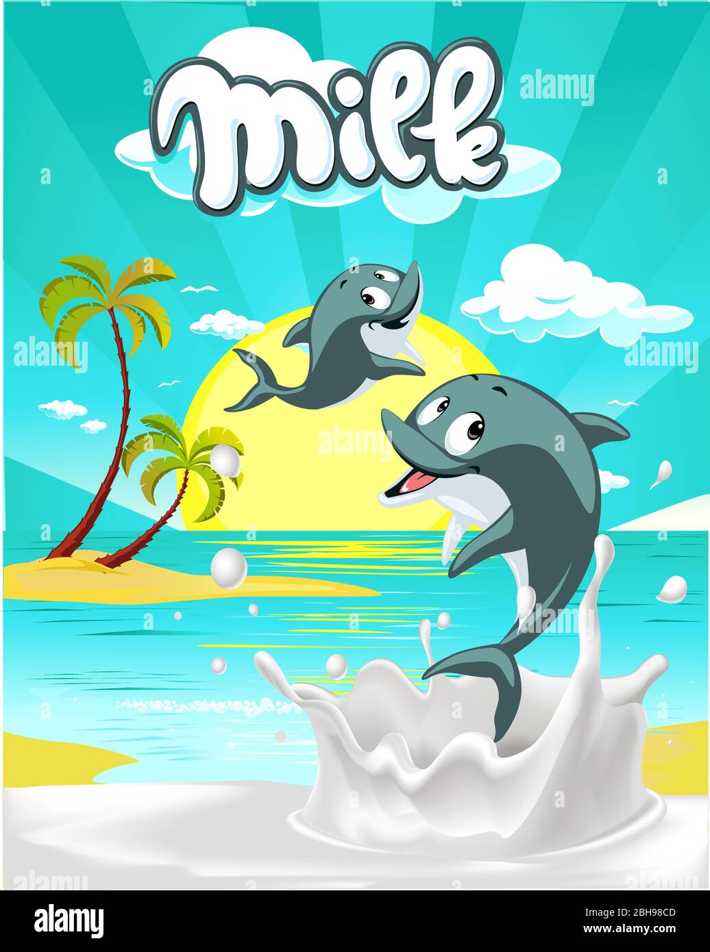 Tropical milk flat design with cute dolphin vector illustration Stock Vector