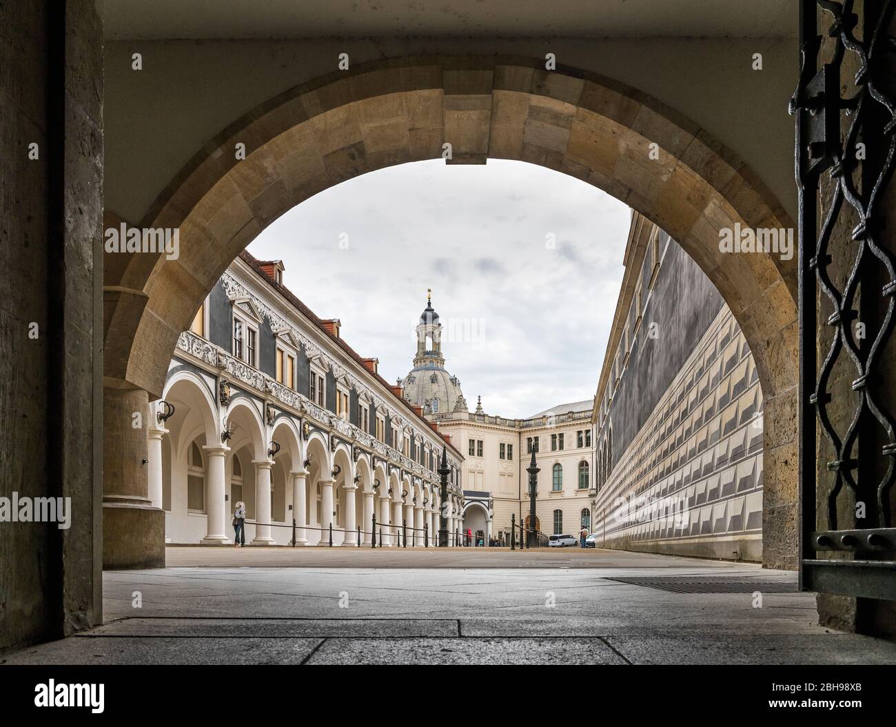 View through the archway into the stable yard, part of the Residenzschloss, Old Town, Dresden, Saxony, Germany Stock Photo