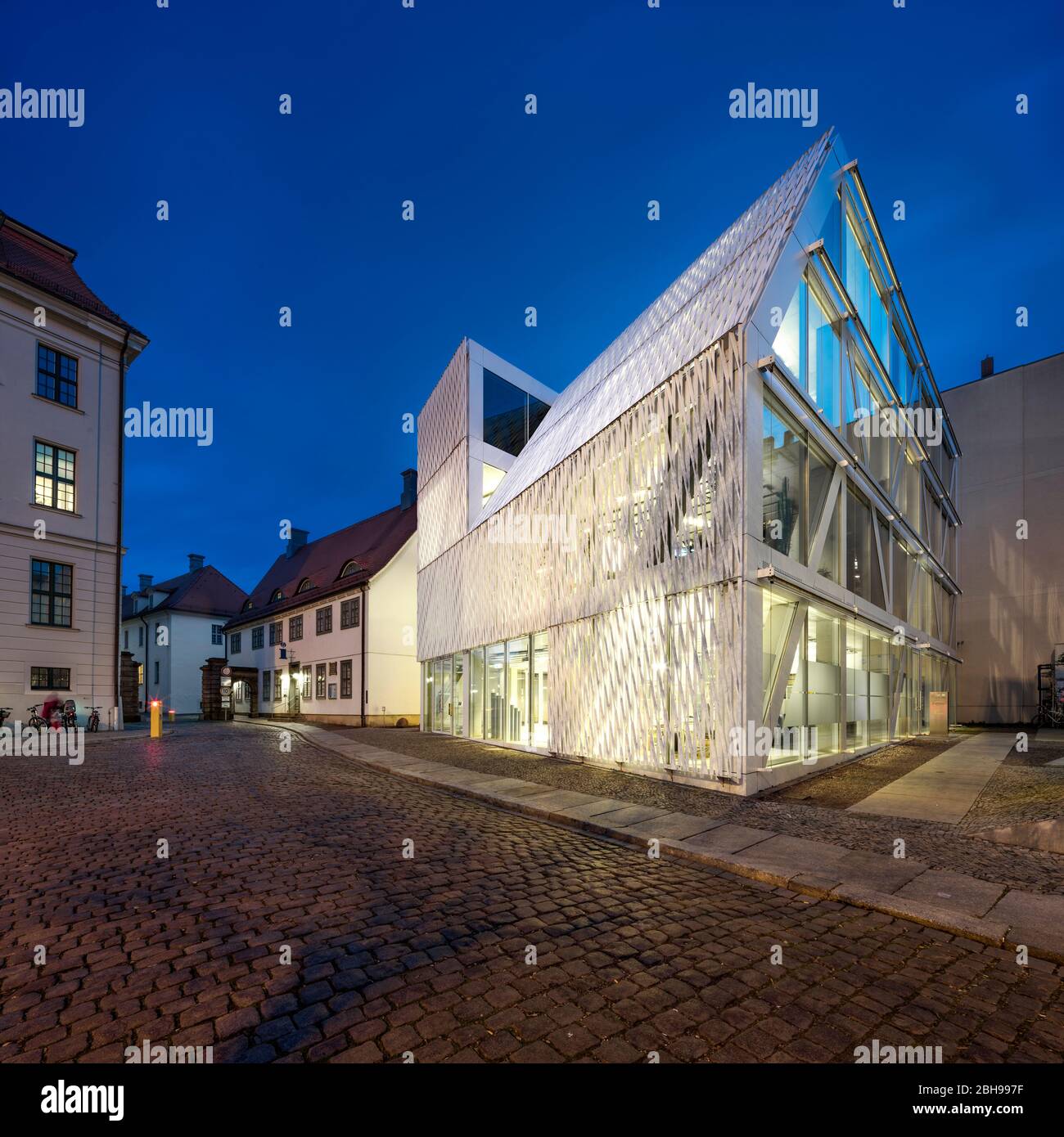 Illuminated Cultural Foundation of the Federal Government, at dusk, Halle an der Saale, Saxony-Anhalt, Germany Stock Photo