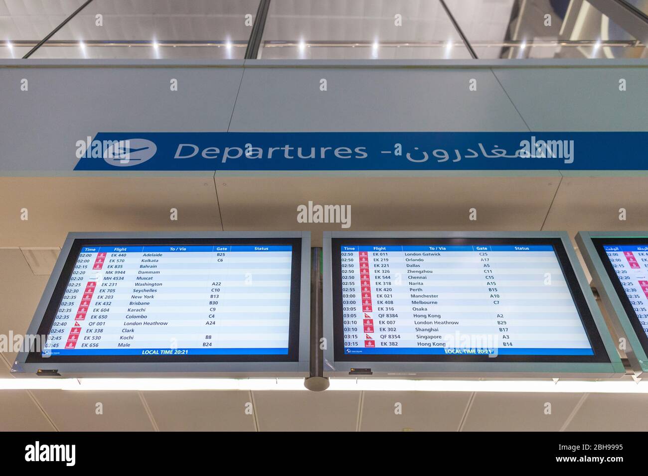 UAE, Dubai, Dubai International Airport, flight departtures screen