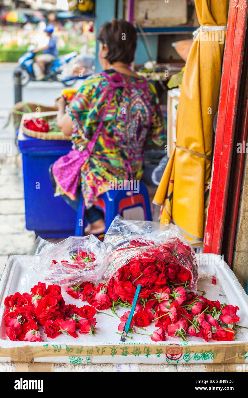 Thailand, Bangkok, Silom Area, Sri Mariamman Hindu Temple, flowers Stock Photo