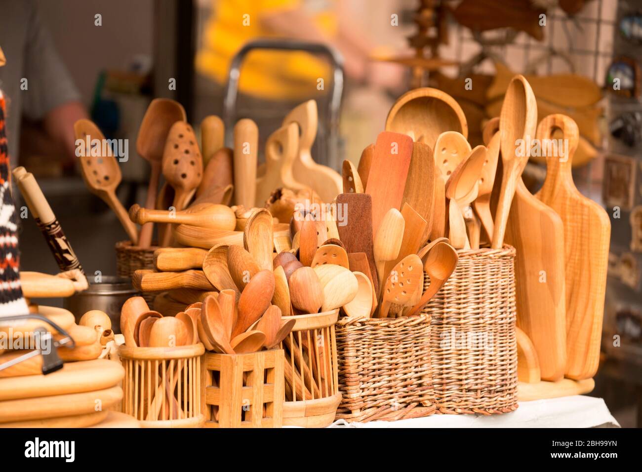 Wooden spoons for sale, market square on old town Vilnius, Lithuania