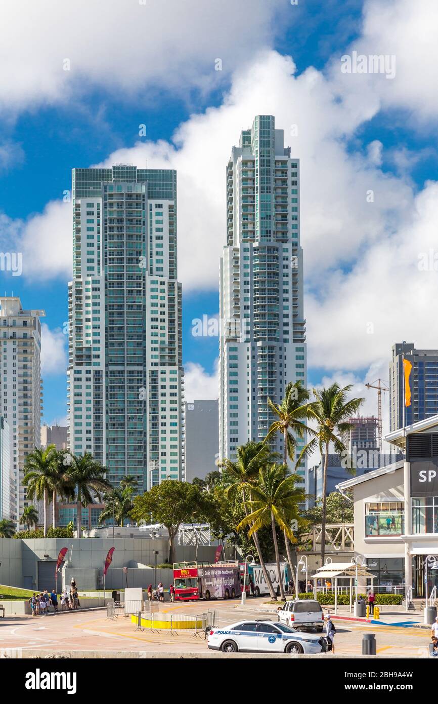 Bayside Marketplace with Skyline, Miamarina, Biscayne Boulevard, Downtown, Miami, Miami-Dade County, Florida, USA, North America Stock Photo