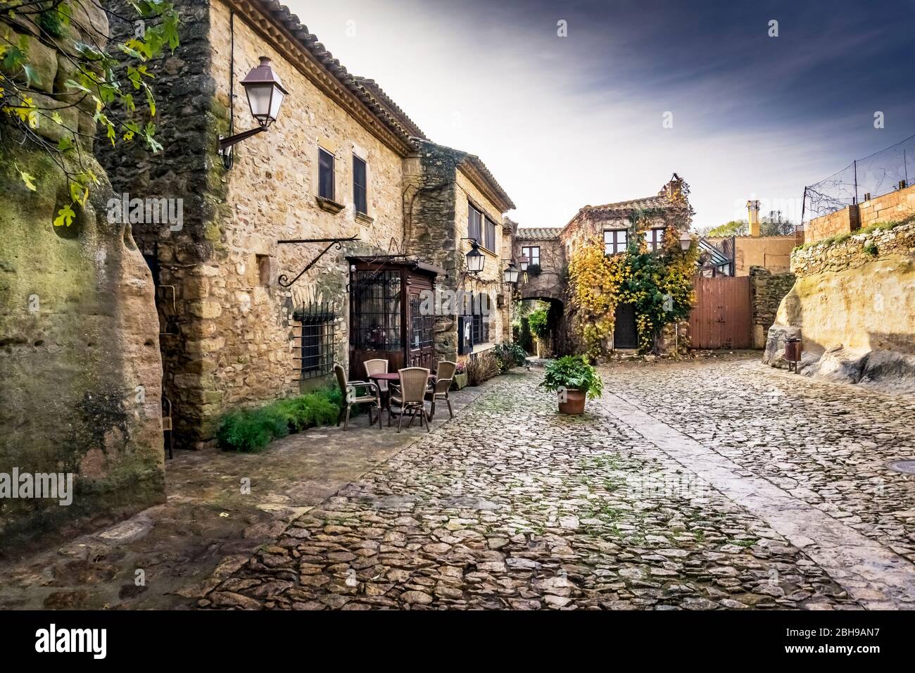 Village center of Peratallada in autumn, the village was awarded as a historical-artistic ensemble in Catalonia. Stock Photo