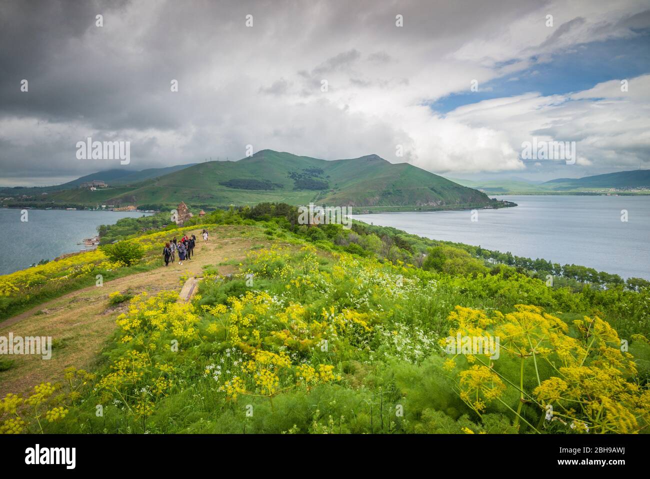 Armenia, Sevan, Lake Sevan from Sevanavank Peninsula, with visitors, no releases Stock Photo