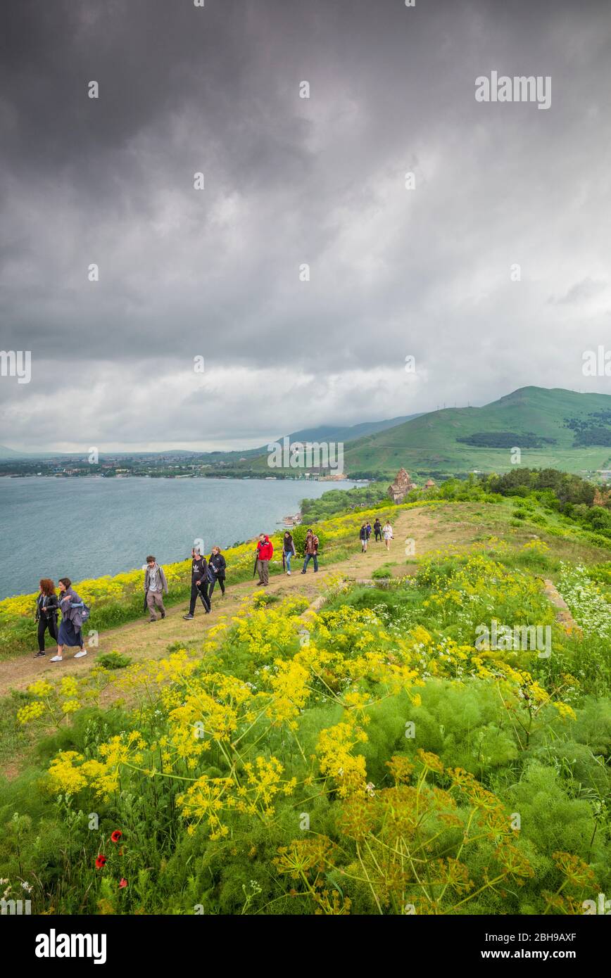 Armenia, Sevan, Lake Sevan from Sevanavank Peninsula, with visitors, no releases Stock Photo