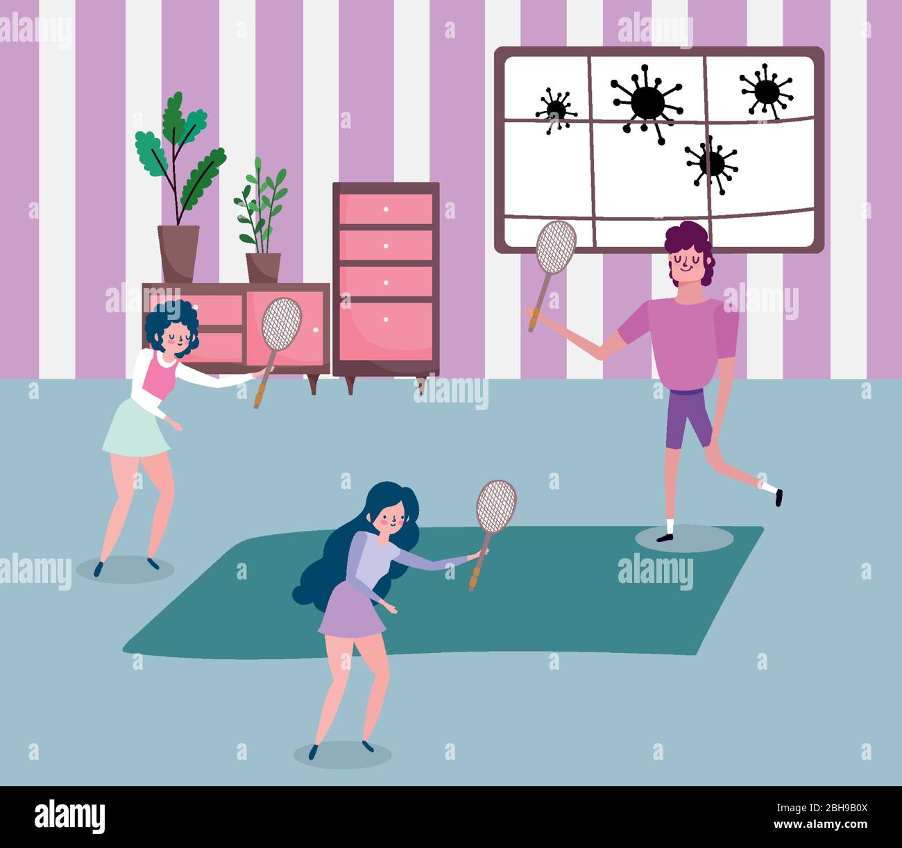 young people playing with tennis rackets in the room, exercises at home