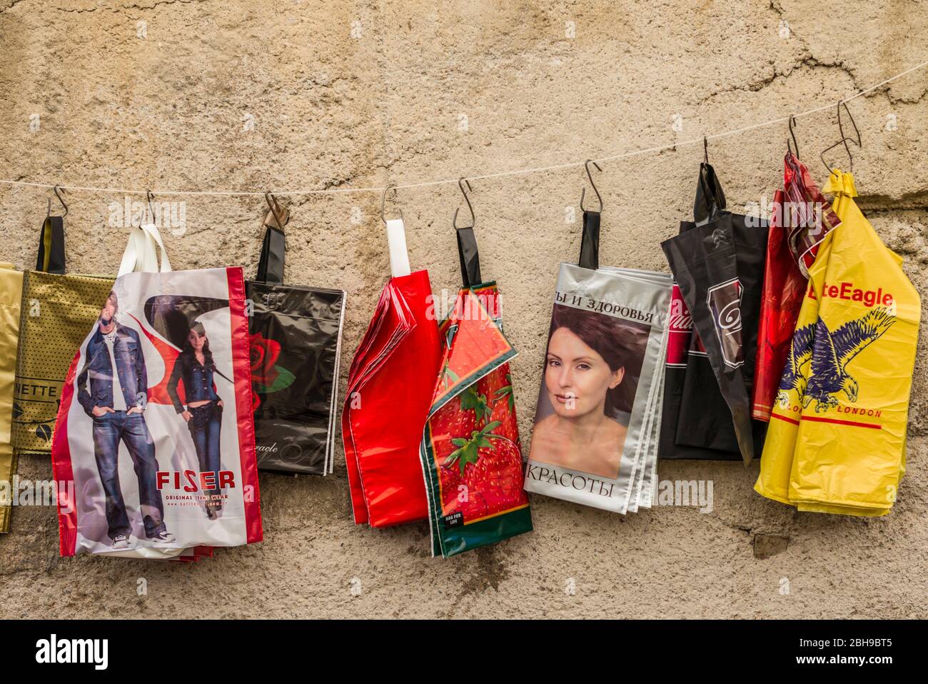 Armenia, Vanadzor, plastic bags for sale at the town market Stock Photo