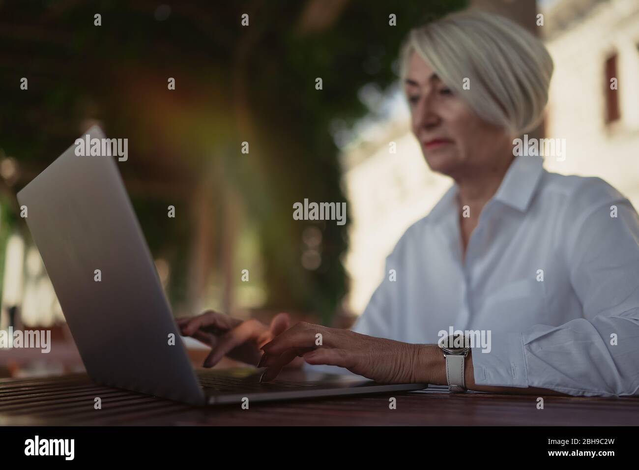 Mature woman typing laptop hi-res stock photography and images - Alamy