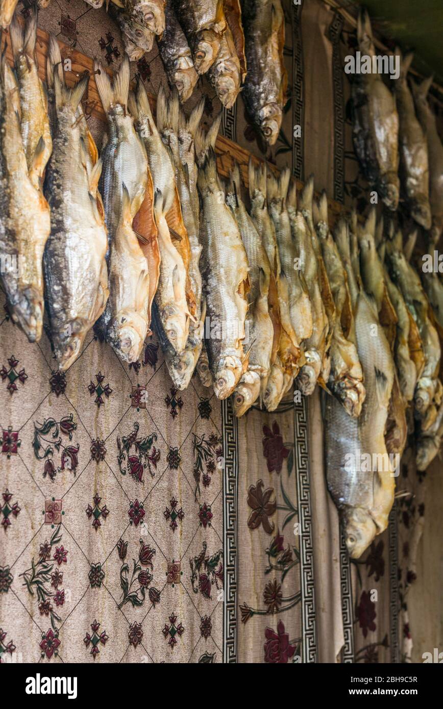 Armenia, Lake Sevan, Sevan, fish shacks selling smoked fish Stock Photo