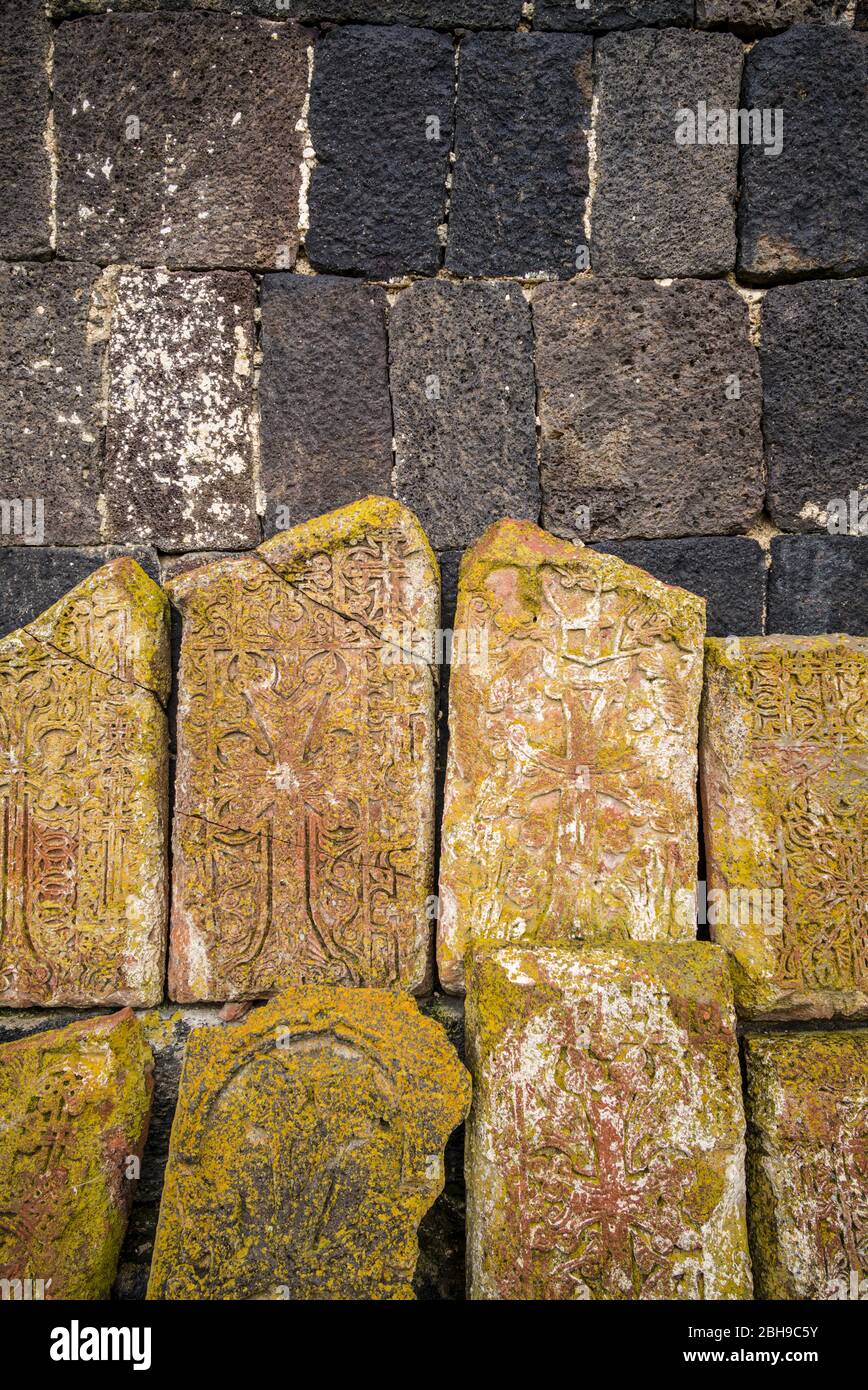 Armenia, Lake Sevan, Sevan, Sevanavank Monastery, churchyard, kachkar memorial stones Stock Photo