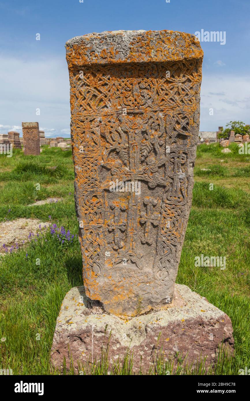 Armenia, Lake Sevan, Noratus, town cemetery, ancient khachkar monuments Stock Photo