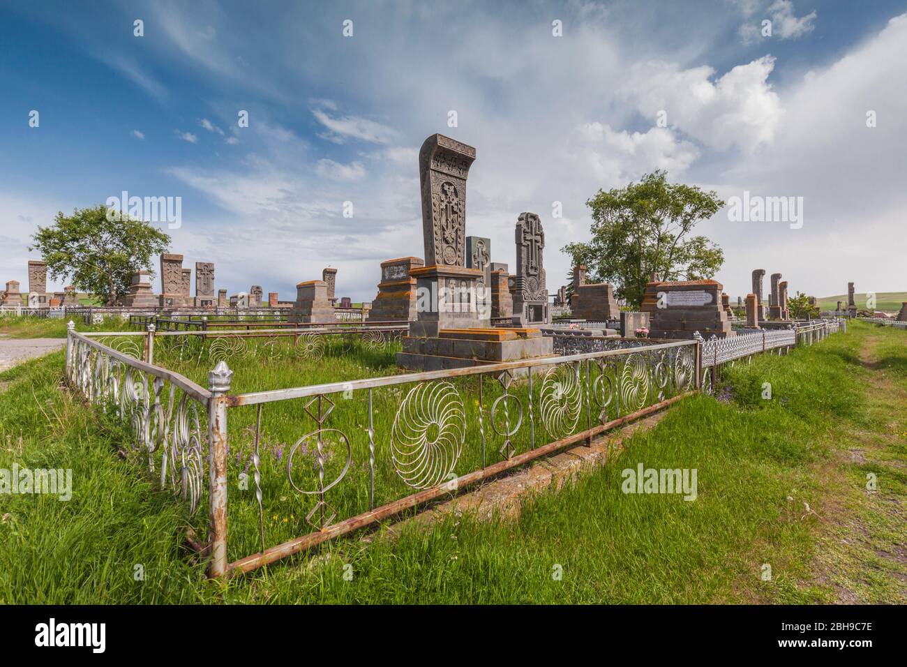 Armenia, Lake Sevan, Noratus, town cemetery, modern khachkar monuments Stock Photo