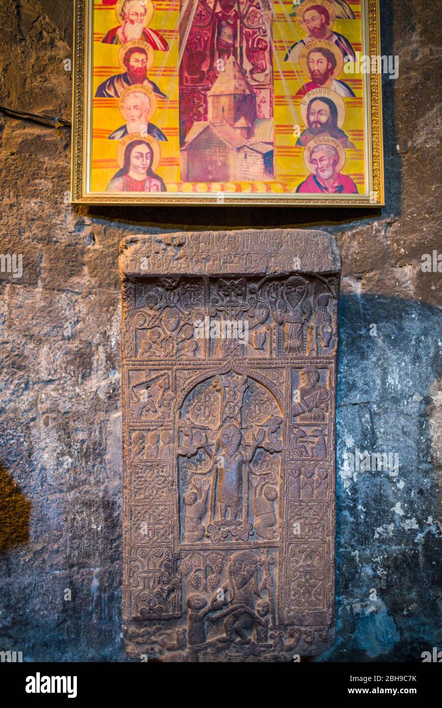 Armenia, Lake Sevan, Sevan, Sevanavank Monastery, interior, khachkar memorial stone Stock Photo