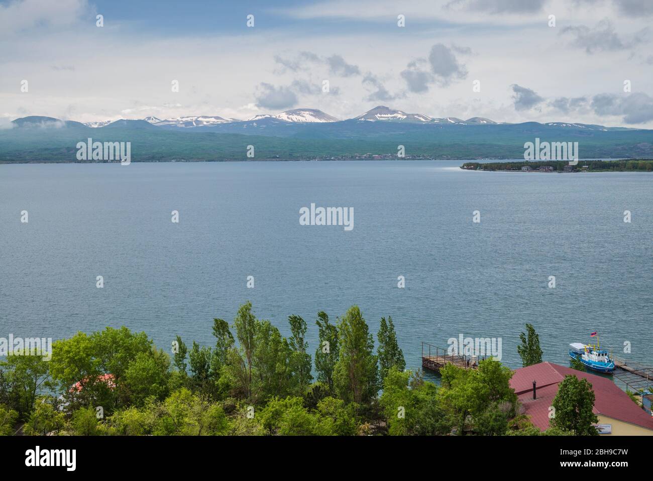 Armenia, Lake Sevan, Sevan, high angle view of Lake Sevan from Sevanavank Peninsula, summer Stock Photo