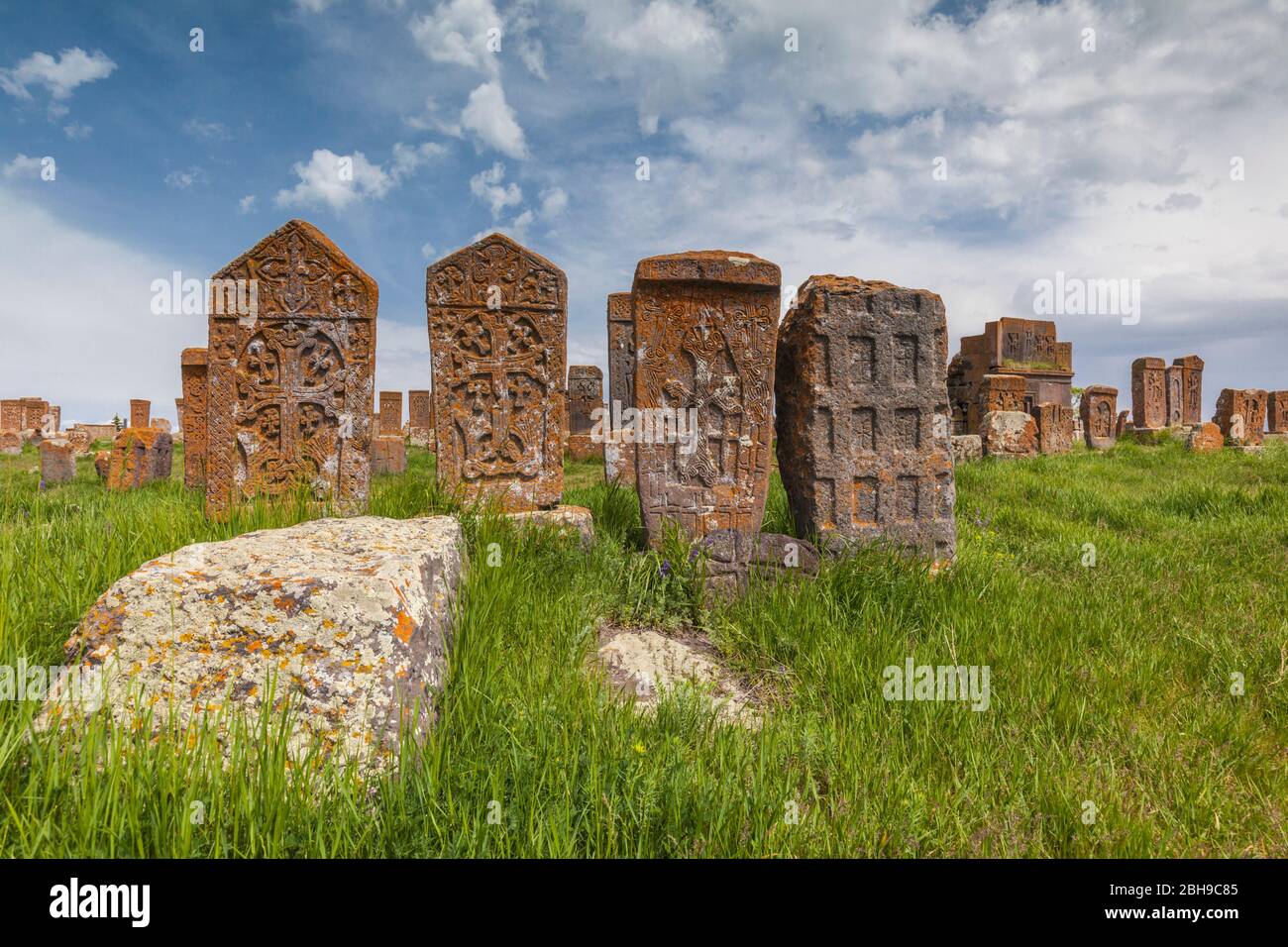 Armenia, Lake Sevan, Noratus, town cemetery, ancient khachkar monuments Stock Photo