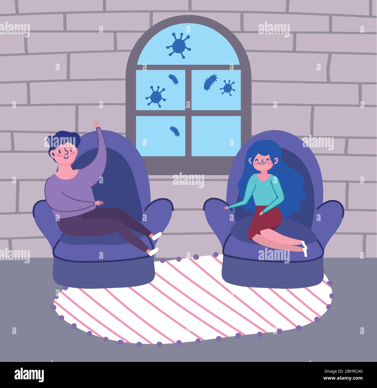 man and woman sitting in chairs living room, quarantine stay at home ...