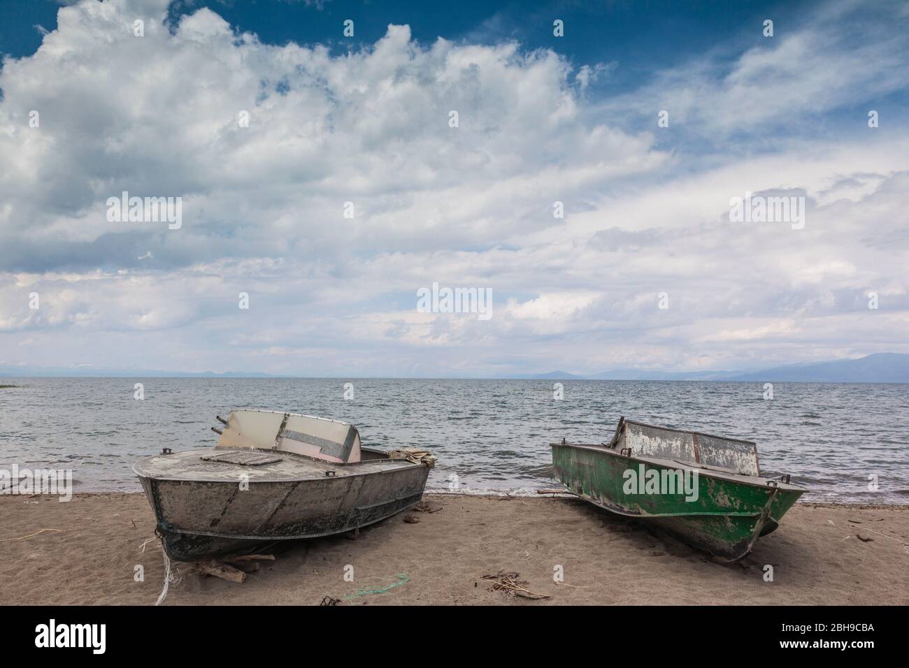 Armenia, Lake Sevan, Artsvanist, fishing boats and Lake Sevan Stock Photo