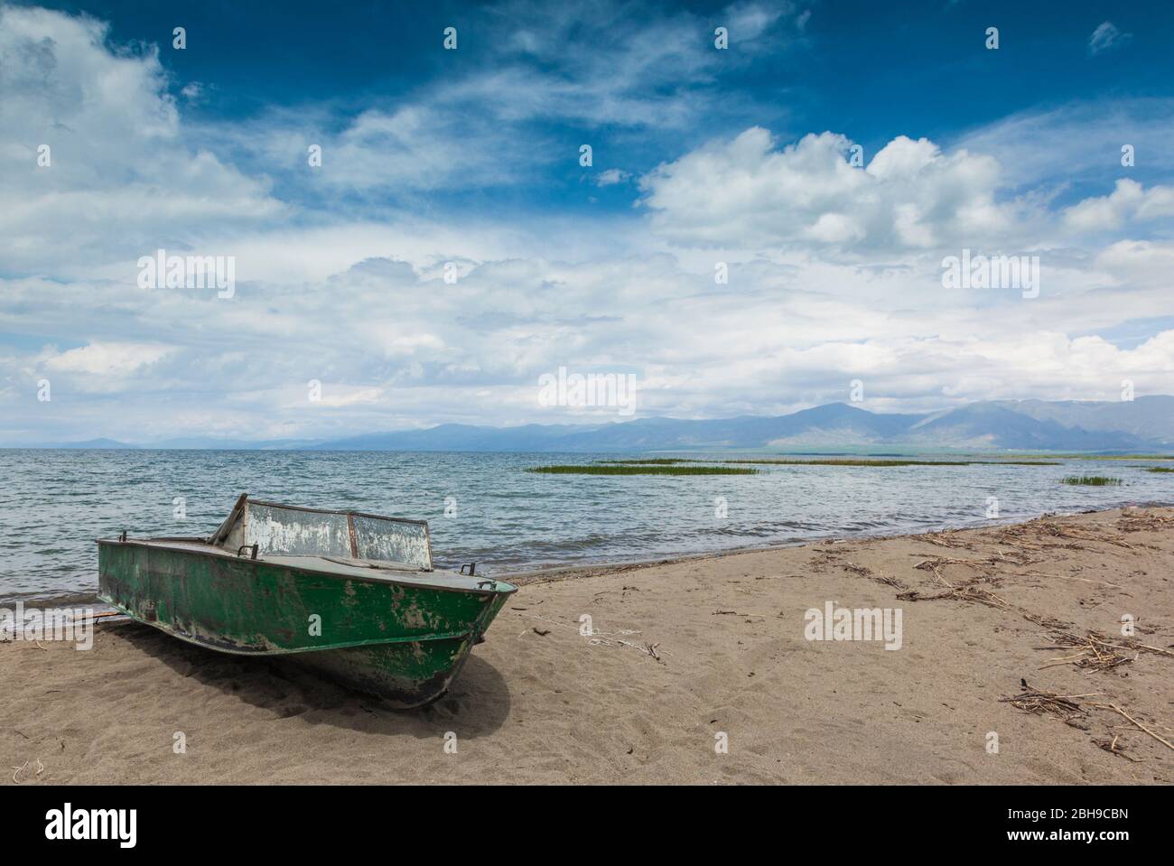 Armenia, Lake Sevan, Artsvanist, fishing boats and Lake Sevan Stock Photo