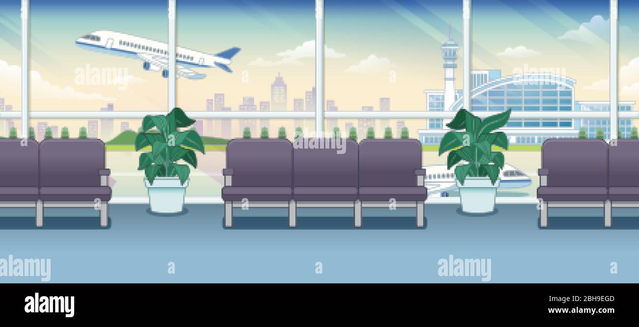Empty airport terminal lounge with departing flight on background Stock Vector
