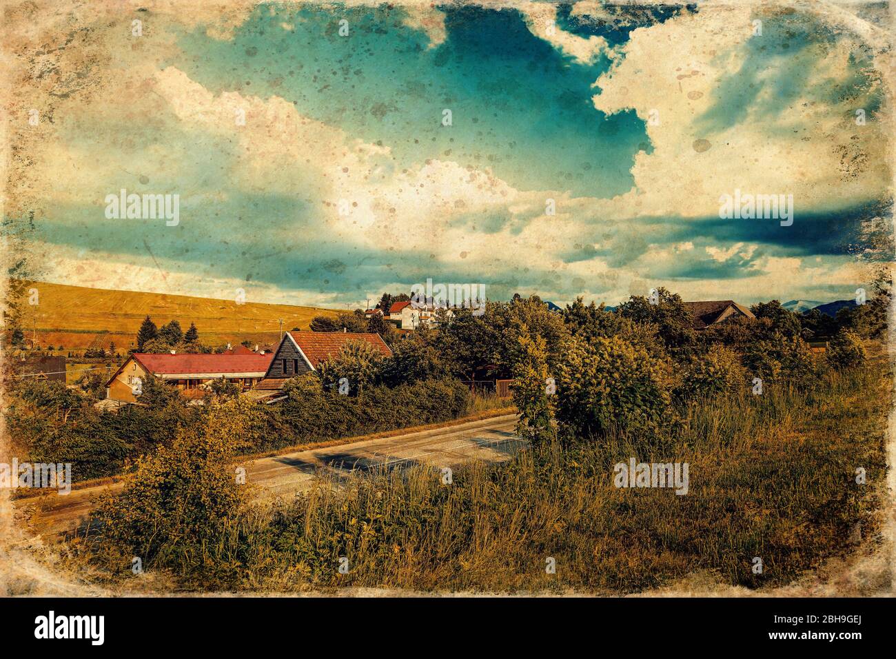 Summer village road landscape. Village road panorama, old photo effect ...
