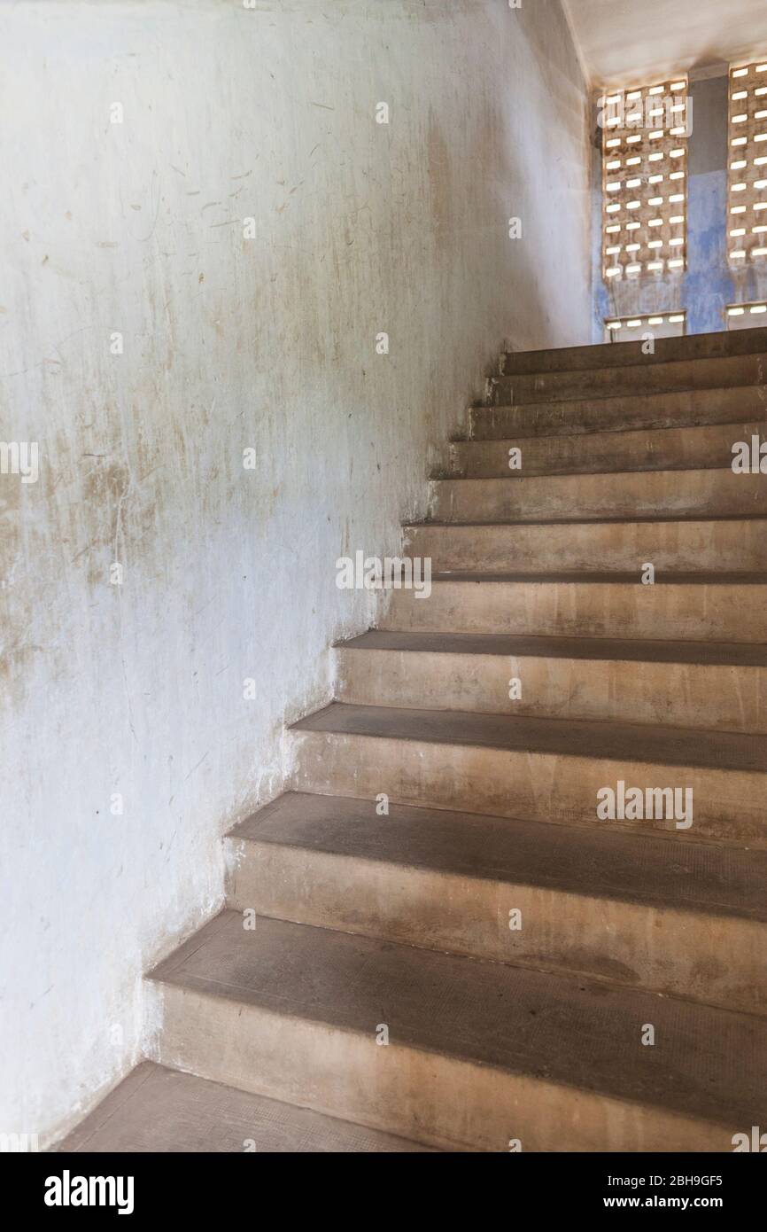Cambodia, Phnom Penh, Tuol Sleng Museum of Genocidal Crime, Khmer Rouge prison formerly known as Prison S-21, located in old school, staircase Stock Photo