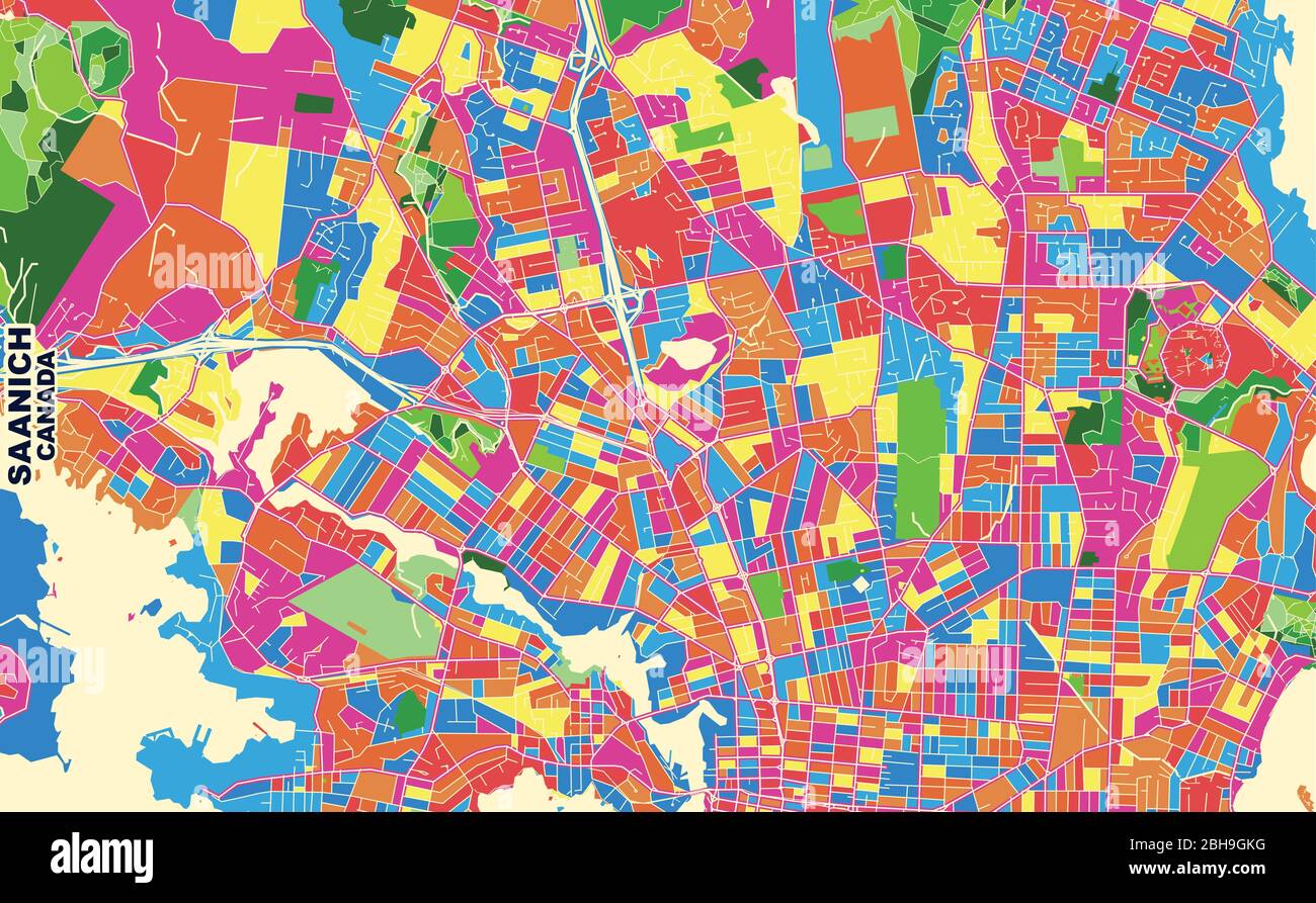 Colorful vector map of Saanich, British Columbia, Canada. Art Map template for selfprinting wall