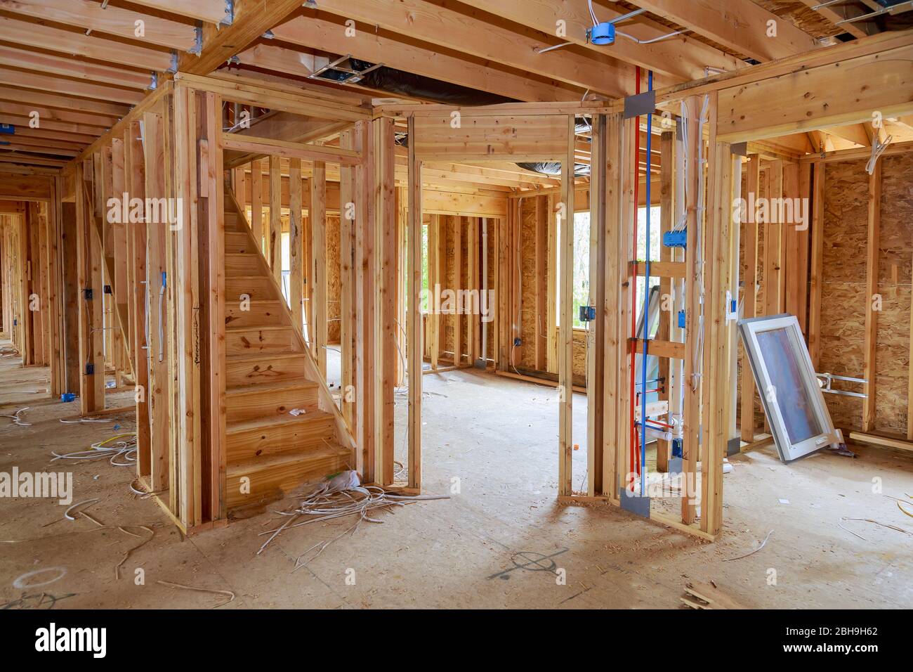 Wooden beam house residential construction home framing Stock Photo
