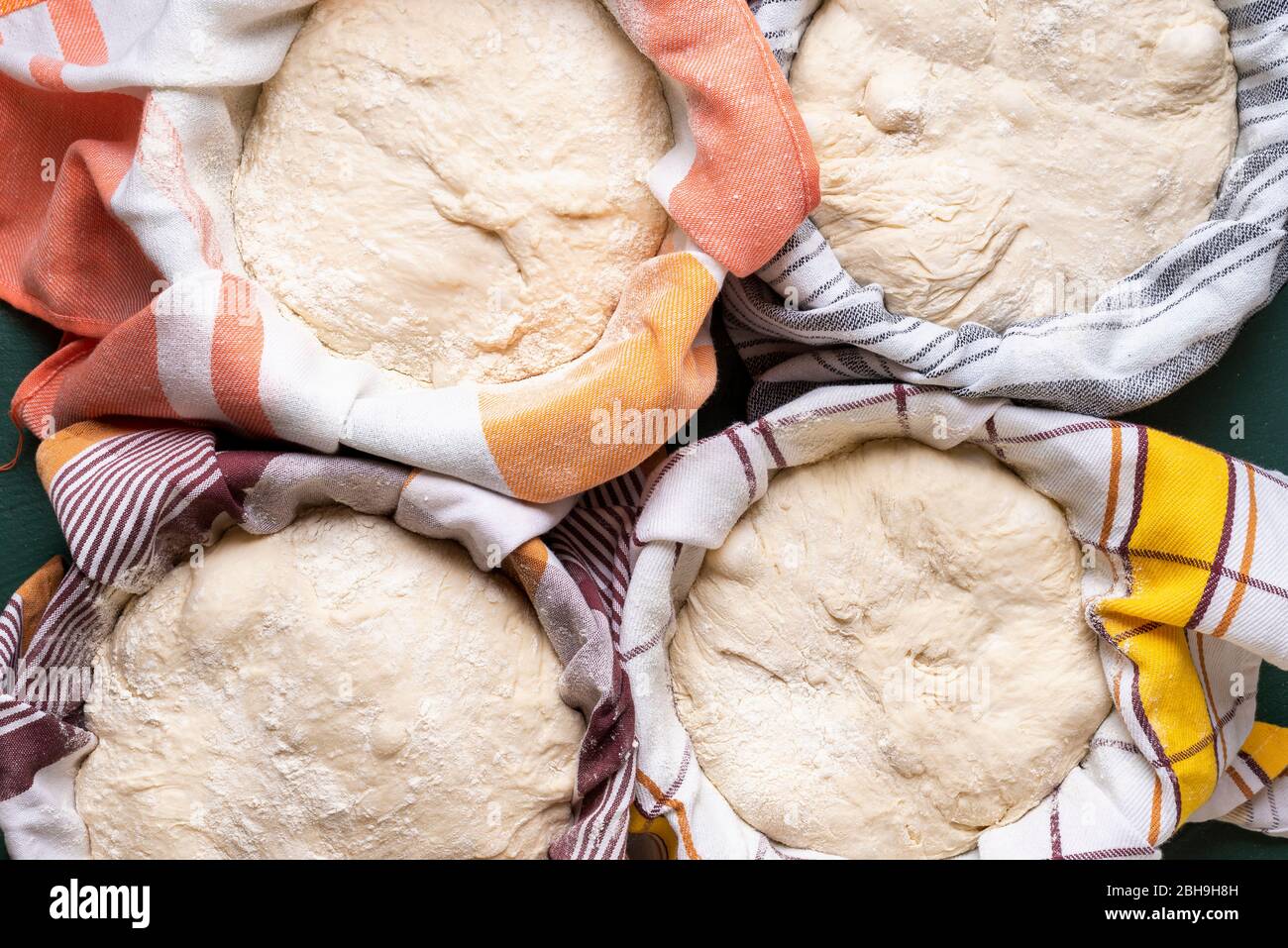Sourdough set to rise in bowls covered with floured towels. Bread dough